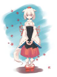 Rule 34 | animal ears, black skirt, blue background, closed mouth, commentary request, detached sleeves, flying sweatdrops, full body, hakama, hakama skirt, hat, high heels, highres, inubashiri momiji, japanese clothes, kaminendo, leaf, looking at viewer, maple leaf, pom pom (clothes), red eyes, red footwear, red hat, red skirt, ribbon-trimmed sleeves, ribbon trim, shirt, short hair, skirt, socks, standing, tail, tokin hat, touhou, two-tone skirt, white hair, white shirt, white socks, wolf ears, wolf girl, wolf tail