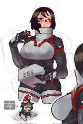 Rule 34 | 2girls, android, armor, black hair, bob cut, breast envy, breasts, brown eyes, buckle, chibi, commentary, corrupted twitter file, cyberpunk, english commentary, english text, facial mark, gloom (expression), gretarting, hat, height difference, highres, kolibri (signalis), large breasts, multiple girls, multiple views, outline, radio, santa hat, science fiction, signalis, signature, simple background, size difference, snap-fit buckle, storch (signalis), strap, strap pull, tsurime, unworn armor