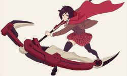 Rule 34 | 1girl, cape, crescent rose, grey eyes, hayami ritsu, looking at viewer, red cape, red hair, ruby rose, rwby, school uniform, scythe, skirt, tagme, thighhighs