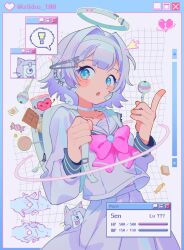 Rule 34 | 1girl, :o, backpack, bag, bandaid, bandaid on cheek, bandaid on face, blush, bow, bowtie, candy, choker, choppy bangs, clenched hand, commentary, cowboy shot, cursor, double-parted bangs, floating clothes, food, gradient hair, grey hair, hair intakes, hairband, halo, hands up, headphones, highres, holding, holding candy, holding food, holding lollipop, lollipop, long sleeves, looking to the side, medium hair, multicolored hair, open bag, original, parted lips, pink bow, pleated skirt, pointing, raised eyebrows, school uniform, serafuku, skirt, strap, symbol-only commentary, three quarter view, white choker, white hairband, white serafuku, white skirt, window (computing), wispy bangs, zikko 100