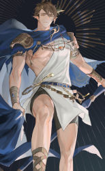 Rule 34 | 1boy, 77ho, armlet, armor, bike shorts, blue capelet, bracer, brooch, brown eyes, brown hair, cane, cape, cape grab, capelet, chain, closed mouth, feet out of frame, floating cape, foot up, gladiator sandals, hair ornament, highres, holding, holding cane, idolish7, jewelry, light smile, looking at viewer, male focus, nipples, official alternate costume, pauldrons, pectorals, sandals, short hair, shoulder armor, sleeveless, solo, toned, toned male, torn cape, torn clothes, tsunashi ryuunosuke, tunic