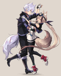 Rule 34 | 1boy, 1girl, absurdly long hair, animal ear fluff, animal ears, arknights, armband, black choker, black footwear, black gloves, black jacket, black pants, blouse, blush, boots, breasts, brown hair, cardigan (arknights), choker, closed mouth, clothing cutout, dancing, dog ears, dog tail, closed eyes, fingerless gloves, from side, full body, fur-trimmed boots, fur trim, gloves, goggles, goggles on head, grey background, hair between eyes, highres, holding hands, infection monitor (arknights), jacket, light brown hair, long hair, looking at another, multicolored hair, open mouth, pants, ponytail, profile, purple eyes, purple hair, red footwear, shirt, short hair, shoulder cutout, sigm@, simple background, small breasts, smile, standing, standing on one leg, steward (arknights), streaked hair, tail, two-tone hair, very long hair, white gloves, white shirt