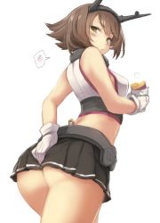 Rule 34 | 1girl, ass, bad id, bad twitter id, bare arms, black skirt, blush, breasts, brown hair, collar, cowboy shot, eating, fairy (kancolle), flipped hair, food, giant, giantess, gloves, green eyes, headgear, holding, holding food, kantai collection, looking back, medium breasts, metal belt, metal collar, midriff, mutsu (kancolle), pleated skirt, short hair, simple background, size difference, skirt, solo, striped clothes, striped skirt, sweet potato, upper body, utopia, white background, white gloves