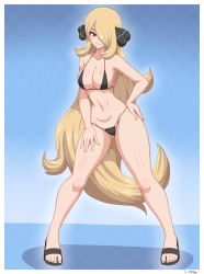 Rule 34 | 1girl, absurdly long hair, absurdres, bikini, black bikini, blonde hair, blue eyes, blush, breasts, closed mouth, creatures (company), cynthia (pokemon), floating hair, full body, game freak, hair ornament, hair over one eye, hand on own hip, hand on own thigh, highres, large breasts, long hair, looking at viewer, micro bikini, navel, nintendo, pokemon, pokemon dppt, sandals, simmsy, smile, solo, standing, swimsuit, toes, very long hair