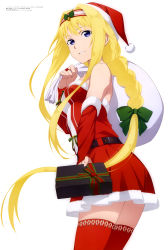 Rule 34 | 1girl, absurdres, alice zuberg, blonde hair, blue eyes, box, braid, braided ponytail, capelet, christmas, dress, gift, hairband, hat, highres, jiang yifan, long hair, megami magazine, official art, pantyhose, red capelet, santa costume, santa hat, scan, sword art online, sword art online: alicization, thighhighs, thighs, white hairband