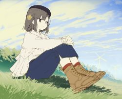 Rule 34 | 1girl, blouse, blue pants, blue sky, boots, brown footwear, closed mouth, cloud, cloudy sky, commentary request, day, flower, from side, grass, grey eyes, grey hair, hair flower, hair ornament, highres, kitada mo, legs together, long sleeves, original, pants, red socks, shirt, short hair, sitting, sky, socks, solo, white shirt, yellow flower