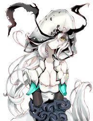 Rule 34 | 1girl, :o, abyssal ship, blush, breasts, buried air defense hime, chain, cleavage, colored skin, eriyama e, hood, hood up, kantai collection, long hair, one eye covered, open mouth, pale skin, simple background, solo, torn clothes, white background, white hair, white skin, yellow eyes