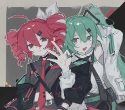 2girls absurdres ahoge alternate_costume aqua_eyes aqua_hair aqua_nails black_necktie commentary drill_hair fingernails hair_between_eyes hair_ornament hair_ribbon hairpin hatsune_miku highres inonn0133 jacket kasane_teto kasane_teto_(sv) multiple_girls necktie open_clothes open_jacket open_mouth parted_lips red_eyes red_hair red_necktie ribbon smile symbol-only_commentary synthesizer_v twin_drills twintails utau vocaloid white_jacket white_ribbon