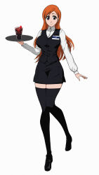 1girl absurdres alternate_costume black_footwear black_skirt black_thighhighs black_vest bleach breasts brown_hair closed_mouth collared_shirt commentary copyright_name eyebrows_hidden_by_hair full_body grey_eyes hair_behind_ear hair_ornament hand_up highres holding holding_tray inoue_orihime knees_together_feet_apart large_breasts long_hair long_sleeves looking_at_viewer parted_bangs pencil_skirt rozuberry shirt simple_background skirt smile solo split_mouth standing star_(symbol) star_hair_ornament tachi-e tareme thighhighs tray vest waitress white_background white_shirt zettai_ryouiki