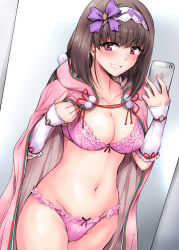 Rule 34 | 1girl, bikini, bra, breasts, brown hair, cellphone, cloak, collarbone, commentary request, cowboy shot, fate/grand order, fate (series), frilled bra, frilled panties, frills, hair ribbon, hairband, hands up, highres, indoors, large breasts, long hair, marugoshi (54burger), medium breasts, navel, osakabehime (fate), panties, phone, pink bra, pink panties, pom pom (clothes), purple eyes, ribbon, selfie, sidelocks, smartphone, smile, solo, swimsuit, thighs, underwear, underwear only, very long hair