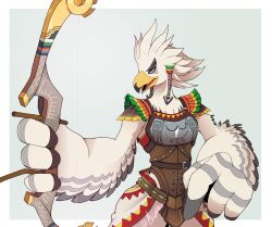 Rule 34 | 1boy, arijuno, armor, artist name, beak, bird boy, body fur, border, bow (weapon), breastplate, furry, furry male, grey background, grey fur, hair ornament, hair tubes, hand up, highres, holding, holding bow (weapon), holding weapon, looking at viewer, male focus, multicolored fur, nintendo, open mouth, outside border, profile, rito, short hair, shoulder pads, signature, simple background, solo, spiked hair, standing, teba (zelda), the legend of zelda, the legend of zelda: breath of the wild, twitter username, upper body, weapon, white border, white fur, white hair, winged arms, wings, yellow eyes