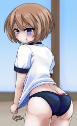 Rule 34 | 1girl, :t, absurdres, angry, ass, blanc (neptunia), blue eyes, blush, brown hair, buruma, clothes pull, duplicate, embarrassed, endlesstsubaki, highres, huge ass, legs, neptune (series), panties, pink panties, pout, shirt pull, short hair, solo, sportswear, tears, thick thighs, thighs, underwear