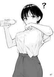 Rule 34 | 1girl, ?, absurdres, blush, bottle, breasts, commentary request, covered mouth, greyscale, gym shirt, gym shorts, gym uniform, highres, holding, holding bottle, looking at viewer, medium breasts, monochrome, original, shirt, short hair, short sleeves, shorts, signature, simple background, solo, sweat, takenoko no you, water bottle, white background