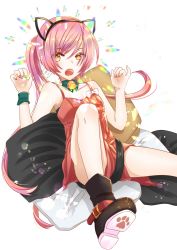 Rule 34 | 1girl, animal ears, boots, bow, cat ears, cat tail, character name, commentary, cushion, dress, dress bow, fang, full body, hairband, highres, long hair, looking at viewer, nail polish, nekomura iroha, open mouth, paw pose, paw print, pink hair, ponta (poqpon), rainbow, red dress, red nails, refraction, sitting, solo, spaghetti strap, tail, transparent background, vocaloid, white background, wristband, yellow eyes