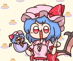 Rule 34 | 2girls, :d, bat wings, blue hair, bob cut, bow, chibi, coffee mug, collared shirt, commentary, cup, dual persona, food, food-themed background, happy, hat, hat ribbon, holding, holding cup, index finger raised, looking at viewer, mob cap, mug, multiple girls, numenoko, open mouth, pink headwear, pink shirt, pudding, red bow, red eyes, red ribbon, remilia scarlet, ribbon, shirt, short hair, smile, standing, tan tan pou, touhou, upper body, waist bow, wings, yellow background