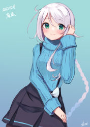 Rule 34 | 1girl, artist name, black skirt, blue background, blue sweater, braid, cable knit, character name, closed mouth, commentary request, cowboy shot, dated, gradient background, green eyes, hair tie, kantai collection, long hair, long sleeves, looking at viewer, mole, mole under eye, official alternate costume, one-hour drawing challenge, parted bangs, pleated skirt, silica (silica silylate), silver hair, single braid, skirt, solo, suspender skirt, suspenders, sweater, turtleneck, turtleneck sweater, umikaze (kancolle), very long hair