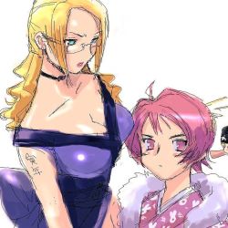 Rule 34 | 3girls, beanie, bito raimu, blonde hair, blue eyes, breasts, choker, cleavage, glasses, hat, japanese clothes, kimono, konishi mitsuki, large breasts, lipstick, long hair, makeup, multiple girls, out of frame, pink eyes, pink hair, short hair, subarashiki kono sekai, yashiro uzuki