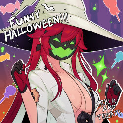 Rule 34 | 1girl, absurdres, black gloves, bodysuit, breasts, candy, cleavage, colored inner hair, commentary, english commentary, food, gloves, gradient background, green eyes, grey mask, guilty gear, halloween, hands up, hat, highres, jack-o&#039; valentine, jewelry, large breasts, lollipop, long hair, looking at viewer, multicolored hair, necklace, orange background, pumpkin mask, purple background, red gloves, red hair, short sleeves, smgold, smile, solo, sparkle, trick or treat, two-tone gloves, two-tone hair, very long hair, white bodysuit, white hair, white hat, witch hat