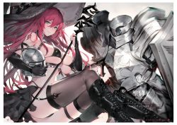 Rule 34 | 1girl, armor, bikini, black bikini, black footwear, black thighhighs, boots, breasts, cleavage, elbow gloves, full armor, garter straps, gloves, green eyes, hair between eyes, hat, helmet, highres, holding, holding helmet, holding wand, large breasts, long hair, looking at viewer, original, parted lips, red hair, revealing clothes, scan, shield, shoulder armor, sideboob, simple background, sitting, sleeveless, smile, swimsuit, tattoo, thighhighs, thighs, underboob, wand, watao, witch hat