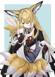 2girls animal_ears arknights black_jacket blonde_hair blue_bow blue_dress blue_hairband bow braid braided_hair_rings carrying carrying_person closed_eyes closed_mouth commentary dress fox_ears fox_girl fox_tail hair_bow hair_rings hairband hashtag-only_commentary highres infection_monitor_(arknights) jacket long_hair long_sleeves mother_and_daughter multiple_girls necktie open_mouth orange_eyes pantyhose red_necktie short_hair suzuran_(arknights) symbol-only_commentary tail vulpisfoglia_(arknights) waichi white_pantyhose