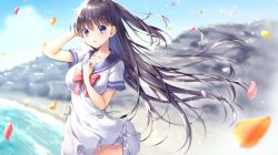 Rule 34 | 1girl, beach, black hair, blue eyes, blue sailor collar, blue sky, blurry, blurry background, blush, bow, breasts, cloud, collarbone, commentary request, day, depth of field, dress, hair between eyes, highres, long hair, looking at viewer, medium breasts, original, outdoors, parted lips, petals, ponytail, red bow, sailor collar, sailor dress, sand, short sleeves, sky, solo, standing, very long hair, wakuta chisaki, water, white dress, window