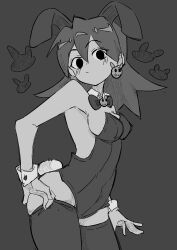 Rule 34 | 1girl, absurdres, animal ears, bare arms, bare shoulders, bow, bowtie, breasts, buzzlyears, cowboy shot, detached collar, earrings, expressionless, from below, grey background, highres, jewelry, leotard, looking at viewer, medium breasts, medium hair, mega man (series), mega man legends (series), monochrome, off-shoulder leotard, playboy bunny, rabbit ears, rabbit tail, sideboob, skindentation, skull earrings, solo, tail, thighhighs, tron bonne (mega man)