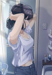 Rule 34 | 1girl, bathroom, black hair, blue eyes, blush, bra, bra peek, breasts, buttons, cleavage, collarbone, commentary request, facing to the side, fushimi asuha, hair tie in mouth, highres, light switch, looking at mirror, medium hair, midriff peek, mirror, mouth hold, navel, original, shirt, short sleeves, shorts, small breasts, solo, t-shirt, toothbrush, tying hair, underwear, white bra, white shirt
