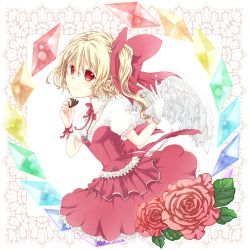 Rule 34 | 1girl, alternate costume, alternate wings, blonde hair, chocolate, crystal, dress, female focus, flandre scarlet, flower, gloves, highres, jewelry, necklace, red eyes, red flower, red rose, ribbon, rose, side ponytail, solo, touhou, wings, zatsumi