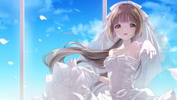 Rule 34 | 1girl, :d, absurdres, blue sky, blunt bangs, blush, bow, breasts, bridal veil, bride, brown hair, cleavage, collarbone, dress, falling petals, floating hair, glint, gloves, hair bow, highres, holding, holding clothes, holding dress, idolmaster, idolmaster cinderella girls, jewelry, lace, lace-trimmed dress, lace trim, looking at viewer, off-shoulder dress, off shoulder, open mouth, petals, ponytail, reaching, reaching towards viewer, ring, sky, smile, solo, takeko spla, upper body, veil, wedding dress, white dress, white gloves, yorita yoshino