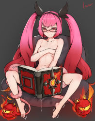 Rule 34 | 1girl, bad id, bad pixiv id, barefoot, black-framed eyewear, black bow, blush, book, bow, breasts, closed mouth, covering nipples, covering privates, fire, glasses, grey background, grimoire, hair bow, hairband, hand up, highres, laserflip, long hair, looking at viewer, navel, nude, open book, pink eyes, red eyes, signature, simple background, small breasts, smile, solo, spread legs, tentacles, trembling, twintails, very long hair, wangzhe rongyao