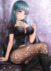 Rule 34 | 1girl, arm support, black footwear, black shirt, blouse, blue eyes, blue flower, blue hair, blue rose, boots, breasts, brown pantyhose, byleth (female) (fire emblem), byleth (fire emblem), cleavage cutout, clothing cutout, commentary, feet out of frame, fire emblem, fire emblem: three houses, flower, gigamessy, hair between eyes, hand up, high heel boots, high heels, highres, holding, holding flower, lace, lace-trimmed legwear, lace trim, large breasts, long hair, looking at viewer, nintendo, pantyhose, pantyhose under shorts, print pantyhose, rose, shirt, short sleeves, shorts, sitting, smile, solo, thighs
