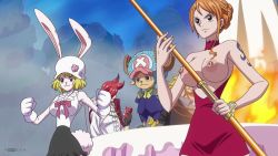 Rule 34 | 2girls, 3boys, animal ears, antlers, black skirt, blonde hair, breastless clothes, breasts, can, carrot (one piece), cowboy shot, creature, dress, drink can, fire, gloves, hair bun, hat, highres, horns, large breasts, multiple boys, multiple girls, nami (one piece), no bra, nude filter, one piece, orange hair, outdoors, r34son, rabbit ears, rabbit girl, rabbit tail, red dress, red hair, revealing clothes, shirt, short dress, short hair, single hair bun, skirt, sleeveless, sleeveless shirt, soda can, tail, tattoo, third-party edit, tony tony chopper, topfreedom, topless, vinsmoke ichiji, vinsmoke judge, white gloves, white headwear