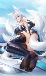 Rule 34 | 1girl, :o, absurdres, animal ear fluff, animal ears, ass, azur lane, bare shoulders, blue eyes, breasts, bridal gauntlets, choker, cleavage, elbow gloves, feet, foreshortening, fox ears, fox girl, fox tail, gloves, hair between eyes, halterneck, highres, large breasts, long hair, lying, miniskirt, multiple tails, on side, open mouth, panties, race queen, see-through, shinano (azur lane), shinano (moonlit chrome) (azur lane), sideboob, skirt, stardust (chen&#039;ai weiding), tail, taut clothes, thighhighs, thong, toes, underwear, very long hair, white hair