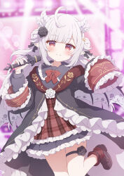 Rule 34 | 1girl, blush, closed mouth, commission, double bun, foot up, grey hair, hair bun, highres, holding, holding microphone, horns, idol, indie virtual youtuber, layered sleeves, long hair, long sleeves, looking at viewer, microphone, pointy ears, red eyes, skeb commission, sleeves past fingers, sleeves past wrists, smile, solo, thigh strap, tyakomes, variant set, white hair, white horns