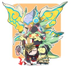 Rule 34 | armor, bird, claws, closed eyes, crop top, detached sleeves, fake horns, feather hair, feathers, finch (xenoblade), flat chest, fur collar, gem, gloves, goggles, goggles on head, hat, helmet, hip vent, horned helmet, horns, long hair, military, military hat, military uniform, monster girl, morag ladair (xenoblade), nintendo, obrona (xenoblade), open mouth, pauldrons, shoulder armor, simple background, smile, talons, triangle mouth, uniform, xenoblade chronicles (series), xenoblade chronicles 2