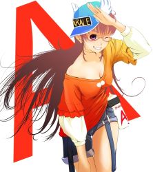 Rule 34 | 1girl, alternate form, breasts, brown hair, cleavage, clothes writing, denim, denim shorts, dr. slump, glasses, hat, long hair, nanahime, no bra, norimaki arale, aged up, one eye closed, purple eyes, shorts, solo, winged hat, wink