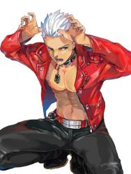 Rule 34 | 10s, 1boy, archer (fate), collar, dark-skinned male, dark skin, fangs, fate/extra, fate/extra ccc, fate/stay night, fate (series), grey eyes, jacket, kurozukuri, leather, leather pants, male focus, official alternate costume, pants, paw pose, red jacket, solo, tan, white hair
