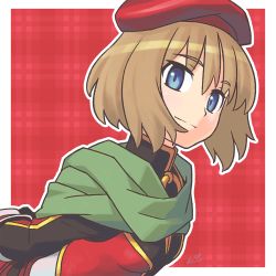 Rule 34 | 1girl, arms behind back, bad id, bad twitter id, black gloves, blue eyes, brown hair, closed mouth, copyright request, gloves, green scarf, hat, highres, long sleeves, looking at viewer, red background, red hat, reiesu (reis), scarf, short hair, smile, solo, turtleneck, upper body