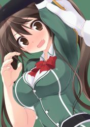 Rule 34 | 10s, 1girl, @ @, arm up, armpits, blush, bow, bowtie, breasts, brown eyes, brown hair, buttons, covered erect nipples, elbow gloves, embarrassed, fang, fingernails, gloves, green background, green jacket, hair between eyes, hair ribbon, hand up, highres, jacket, kantai collection, large breasts, long hair, long sleeves, looking at viewer, looking down, nose blush, open mouth, palms, red bow, remodel (kantai collection), ribbon, ruton-niki, simple background, single elbow glove, solo focus, tears, tone (kancolle), twintails, upper body, wavy mouth, white gloves, wing collar