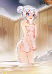 Rule 34 | 1girl, :d, bare arms, bare shoulders, blue eyes, collarbone, commentary request, fang, fence, hair between eyes, hair bun, hand up, highres, honkai (series), honkai impact 3rd, looking at viewer, mo ying yu, naked towel, night, night sky, onsen, open mouth, outdoors, side bun, silver hair, single hair bun, single side bun, sky, smile, solo, standing, star (sky), starry sky, steam, theresa apocalypse, towel, water