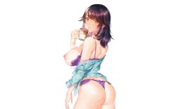 Rule 34 | 1girl, absurdres, ass, black hair, breasts, breasts out, highres, large breasts, looking at viewer, nipples, open clothes, open shirt, orange eyes, scan, solo, standing, suihei sen, third-party edit, underwear, undressing, white background