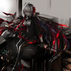 Rule 34 | 1girl, antenna hair, arknights, black gloves, black jacket, black pantyhose, black skirt, breasts, detonator, explosive, finger to mouth, fingerless gloves, gloves, grey hair, grey shirt, gun, hand up, highres, horns, jacket, long sleeves, looking at viewer, medium breasts, miniskirt, nail polish, narue, open clothes, open jacket, pantyhose, parted lips, red nails, scarf, shirt, shoes, short hair, shushing, sitting, skirt, solo, tail, w (arknights), weapon