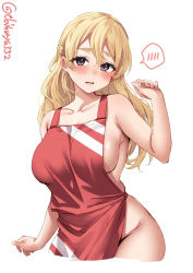 Rule 34 | 1girl, alternate costume, apron, blonde hair, blush, braid, breasts, brown eyes, cleavage, collarbone, cowboy shot, ebifurya, french braid, highres, kantai collection, large breasts, long hair, naked apron, one-hour drawing challenge, red apron, sideboob, solo, twitter username, wavy hair, white background, zara (kancolle)