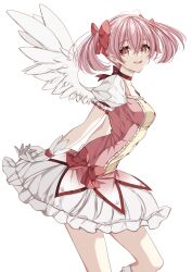 Rule 34 | 1girl, choker, feathered wings, gloves, hair ribbon, highres, image sample, kaname madoka, kaname madoka (magical girl), looking at viewer, magical girl, mahou shoujo madoka magica, misteor, open mouth, pink eyes, pink hair, ribbon, ribbon choker, short twintails, solo, soul gem, teeth, twintails, twitter sample, upper teeth only, white background, white wings, wings