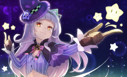 Rule 34 | 1girl, blunt bangs, breasts, capelet, commentary request, crop top, finger gun, gloves, hair bun, hair ornament, hat, hololive, long hair, looking at viewer, murasaki shion, murasaki shion (1st costume), night, pinstripe pattern, pinstripe shirt, portrait, ribbon, shirt, silver hair, single hair bun, single side bun, sky, small breasts, smug, solo, star (sky), star (symbol), starry sky, striped clothes, striped shirt, tokumaro, upper body, vertical-striped clothes, vertical-striped shirt, virtual youtuber, witch hat, yellow eyes