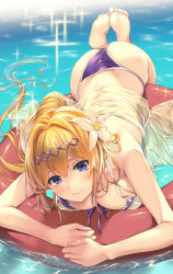 Rule 34 | 1girl, absurdres, afloat, akanagi youto, ass, back, bare shoulders, barefoot, bikini, blush, breast press, breasts, cleavage, closed mouth, collarbone, day, feet up, flower, foreshortening, front-tie bikini top, front-tie top, granblue fantasy, hair flower, hair ornament, hairband, head tilt, high ponytail, highres, innertube, jeanne d&#039;arc (granblue fantasy), large breasts, lips, long hair, looking at viewer, outdoors, ponytail, purple bikini, purple hairband, purple ribbon, ribbon, see-through, smile, soles, solo, sparkle, swim ring, swimsuit, very long hair, water