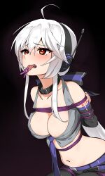 Rule 34 | 1girl, ahoge, bdsm, blush, bondage, bound, bow, breasts, cleavage, clothes pin, crop top, detached sleeves, grey shirt, headphones, headset, highres, kinbakuman, large breasts, long hair, midriff, necktie, open mouth, ponytail, purple necktie, red eyes, restrained, shibari, shirt, solo, tongue, tongue out, torture, very long hair, vocaloid, white hair, yowane haku
