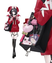 Rule 34 | 1girl, ame-chan (needy girl overdose), animal ear hood, animal ears, arrow (symbol), bag, black choker, black eyes, black footwear, black hair, black thighhighs, blush, character doll, charm (object), choker, cross-laced clothes, cross-laced sleeves, crossed legs, emoji, expressionless, fake animal ears, full body, garter straps, hair ornament, hair over one eye, heart, heart choker, hood, hoodie, jewelry, long hair, long hoodie, looking at viewer, needy girl overdose, official art, ohisashiburi, own hands together, pale skin, pien cat (needy girl overdose), pleading face emoji, rabbit ears, red hoodie, ring, shoulder bag, solo, stuffed toy, thighhighs, wand, watson cross, x hair ornament, zoom layer
