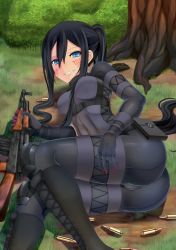 Rule 34 | 1girl, artist request, ass, assault rifle, black hair, blue eyes, bodysuit, boots, breasts, bullet, facial mark, facial tattoo, grin, gun, half-closed eyes, long hair, looking at viewer, lying, on side, pitohui (sao), ponytail, rifle, shiny clothes, smile, solo, sword art online, sword art online alternative: gun gale online, tattoo, weapon