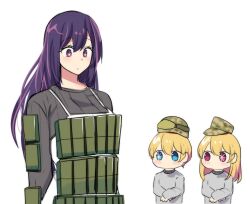 Rule 34 | 1boy, 2girls, apron, body armor, brother and sister, camouflage, chibi, commentary, crossed arms, english commentary, era bricks (meme), helmet, highres, hinghoi, hoshino ai (oshi no ko), hoshino aquamarine, hoshino ruby, long hair, meme, mother and daughter, mother and son, multiple girls, oshi no ko, purple eyes, purple hair, reactive armor, siblings, star-shaped pupils, star (symbol), star in eye, sweater, symbol-shaped pupils, symbol in eye, upper body, woodland camouflage